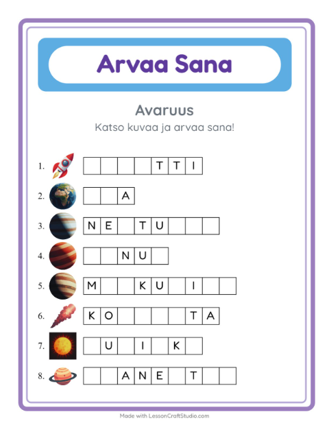 Arvaa sana, helpot sanat – Avaruus