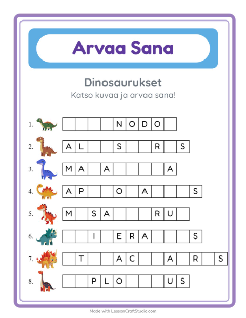 Esikatselu: Arvaa Sana-tehtäväarkki, aiheena Dinosaurukset, Esiopetus