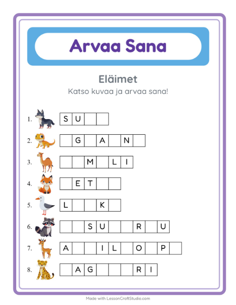 Arvaa sana, helpot sanat – Eläimet