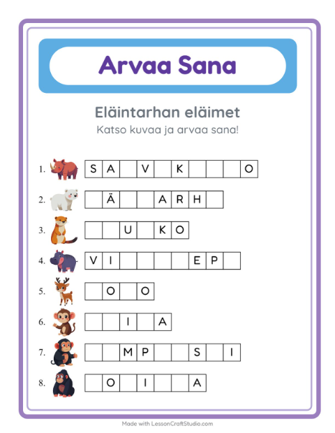 Arvaa sana, helpot sanat – Eläintarhan eläimet