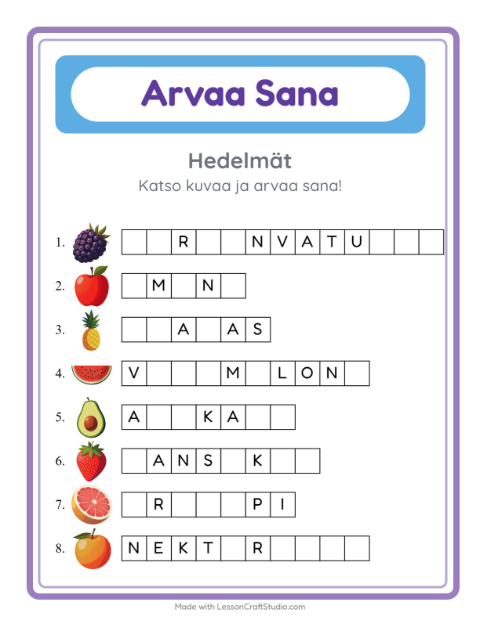 Esikatselu: Arvaa Sana-tehtäväarkki, aiheena Hedelmät, Esiopetus