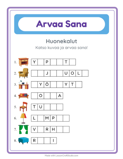 Esikatselu: Arvaa Sana-tehtäväarkki, aiheena Huonekalut, Esiopetus