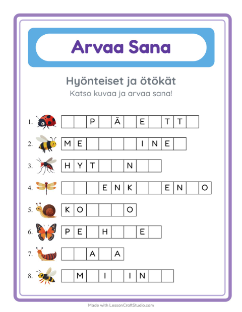 Arvaa sana, helpot sanat – Hyönteiset ja ötökät