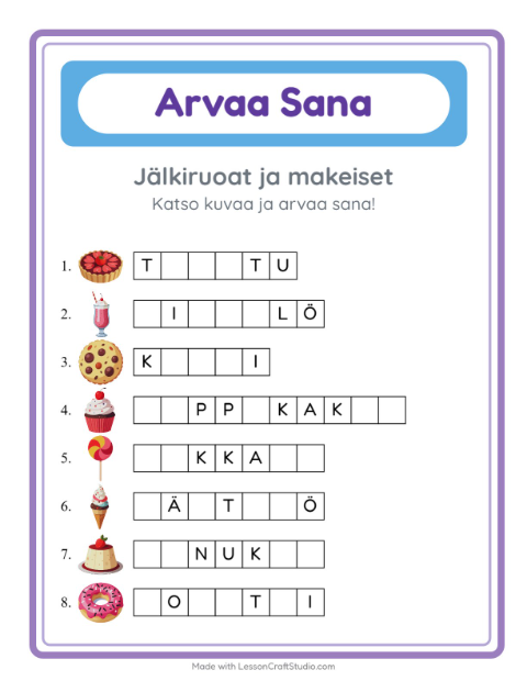 Arvaa sana, helpot sanat – Jälkiruoat ja makeiset