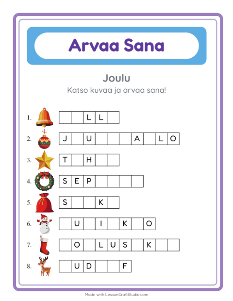 Esikatselu: Arvaa Sana-tehtäväarkki, aiheena Joulu, Esiopetus