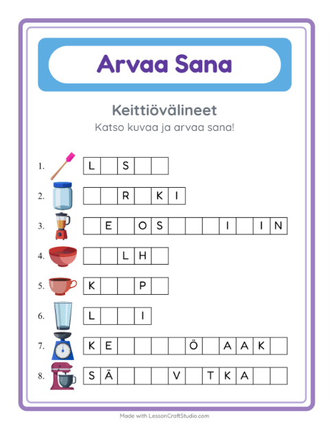 Esikatselu: Arvaa Sana-tehtäväarkki, aiheena Keittiövälineet, Esiopetus