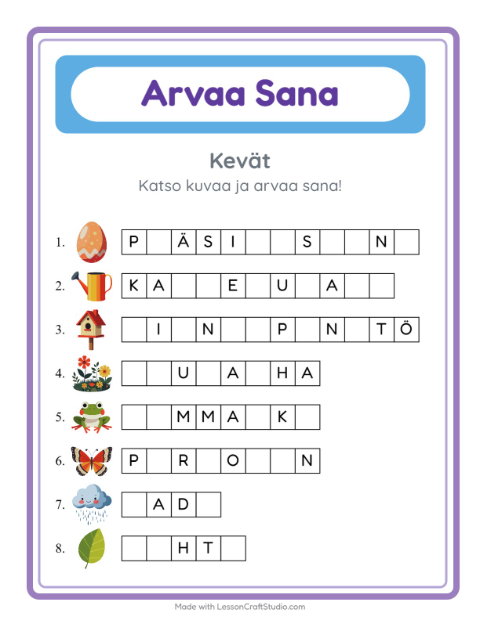 Esikatselu: Arvaa Sana-tehtäväarkki, aiheena Kevät, Esiopetus