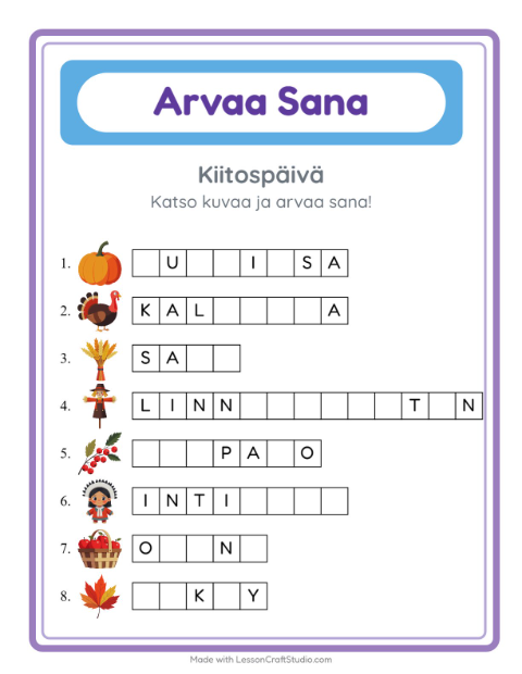 Arvaa sana, helpot sanat – Kiitospäivä