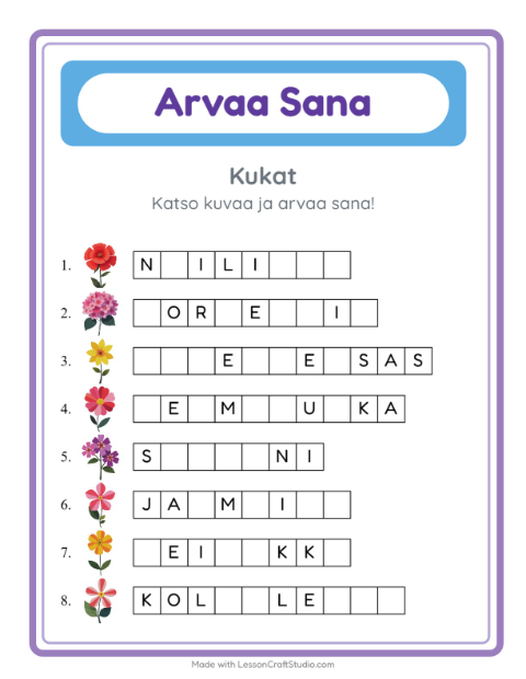 Esikatselu: Arvaa Sana-tehtäväarkki, aiheena Kukat, Esiopetus