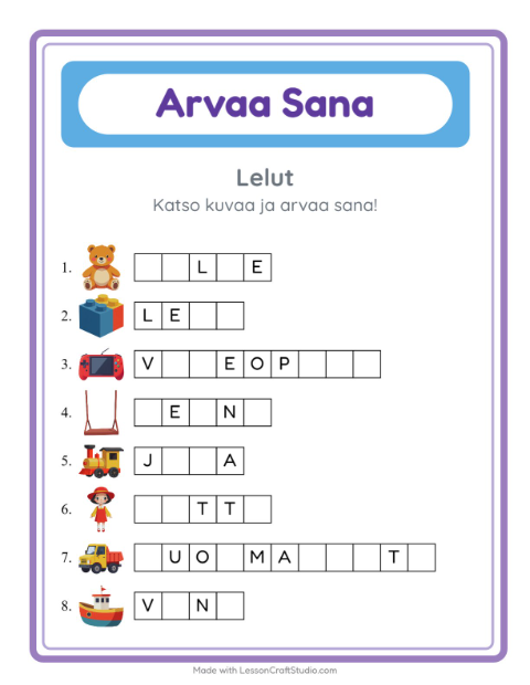 Esikatselu: Arvaa Sana-tehtäväarkki, aiheena Lelut, Esiopetus