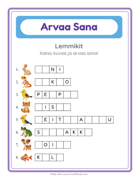 Arvaa sana, helpot sanat – Lemmikit
