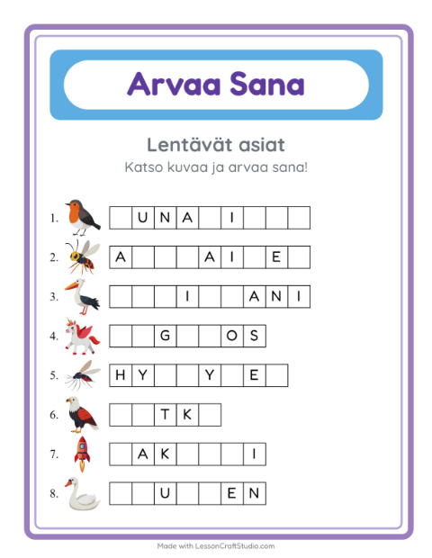 Arvaa sana, helpot sanat – Lentävät asiat