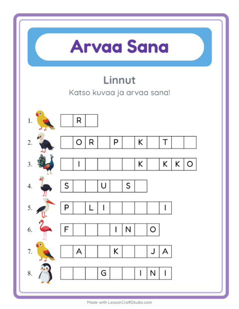 Arvaa sana, helpot sanat – Linnut