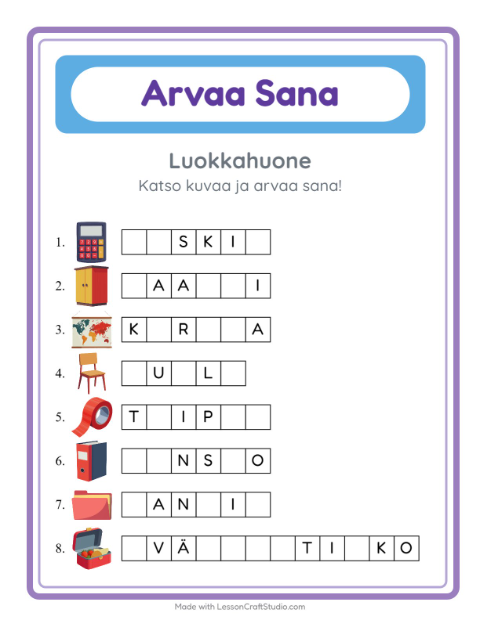 Esikatselu: Arvaa Sana-tehtäväarkki, aiheena Luokkahuone, Esiopetus