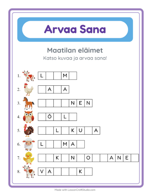 Arvaa sana, helpot sanat – Maatilan eläimet