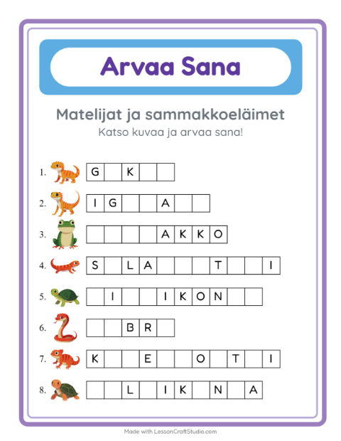 Esikatselu: Arvaa sana, helpot sanat: Matelijat ja sammakkoeläimet – 1. luokan oppilaille