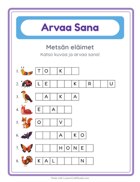 Arvaa sana, helpot sanat – Metsän eläimet