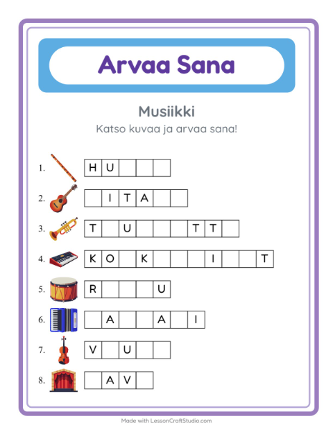 Esikatselu: Arvaa Sana-tehtäväarkki, aiheena Musiikki, Esiopetus