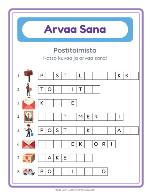 Esikatselu: Arvaa Sana-tehtäväarkki, aiheena Postitoimisto, Esiopetus