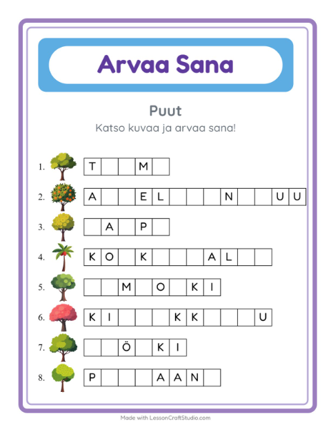 Esikatselu: Arvaa Sana-tehtäväarkki, aiheena Puut, Esiopetus
