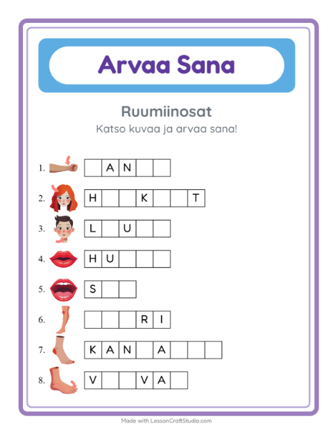 Arvaa sana, helpot sanat – Ruumiinosat