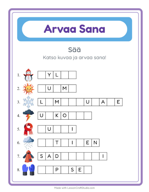 Esikatselu: Arvaa Sana-tehtäväarkki, aiheena Sää, Esiopetus