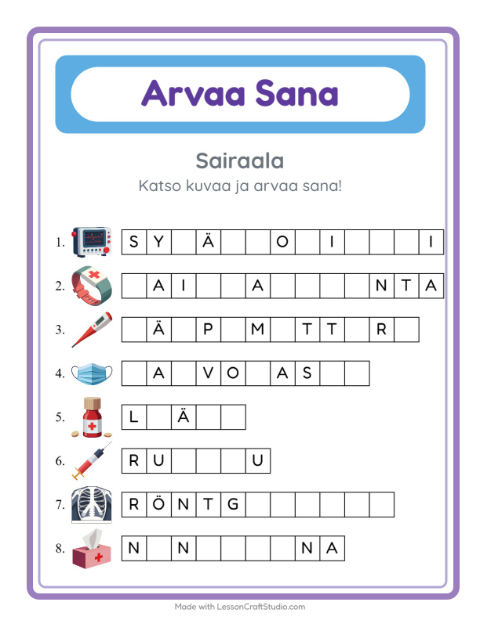 Arvaa sana, helpot sanat – Sairaala