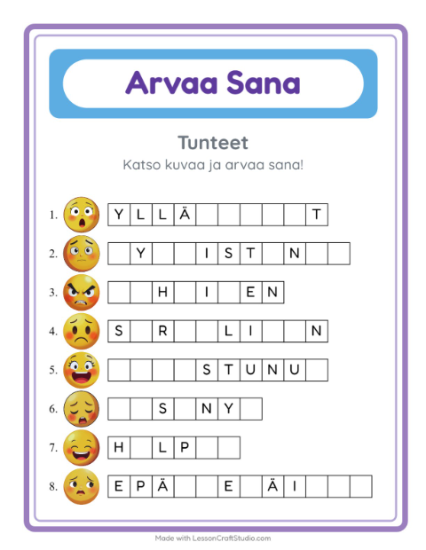 Arvaa sana, helpot sanat – Tunteet