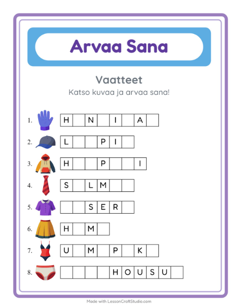 Arvaa sana, helpot sanat – Vaatteet
