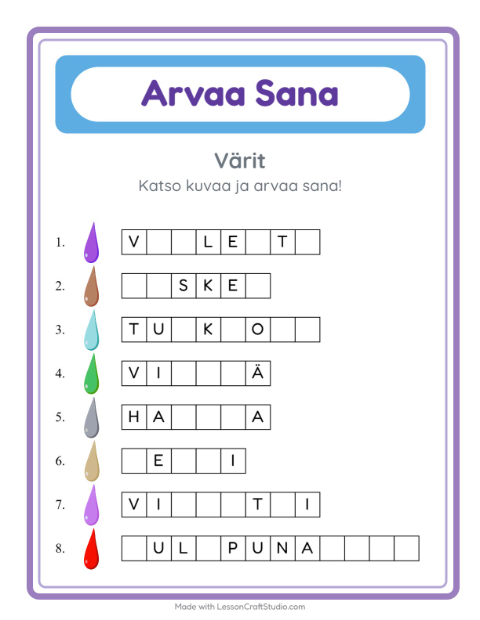 Arvaa sana, helpot sanat – Värit
