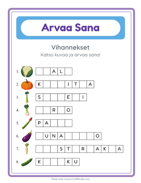 Arvaa sana, helpot sanat – Vihannekset