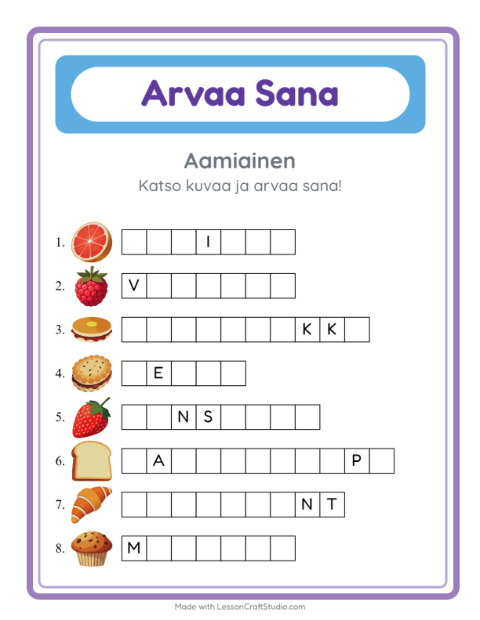 Esikatselu: Arvaa Sana-tehtäväarkki, aiheena Aamiainen, Esiopetus