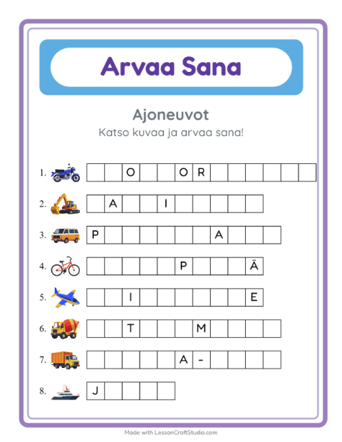 Esikatselu: Arvaa Sana-tehtäväarkki, aiheena Ajoneuvot, Esiopetus