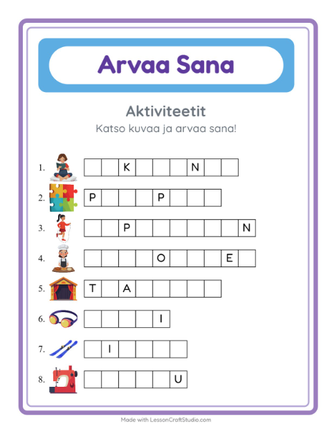 Esikatselu: Arvaa Sana-tehtäväarkki, aiheena Aktiviteetit, Esiopetus