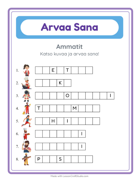 Esikatselu: Arvaa Sana-tehtäväarkki, aiheena Ammatit, Esiopetus