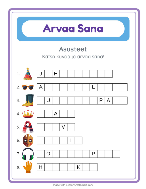 Esikatselu: Arvaa Sana-tehtäväarkki, aiheena Asusteet, Esiopetus