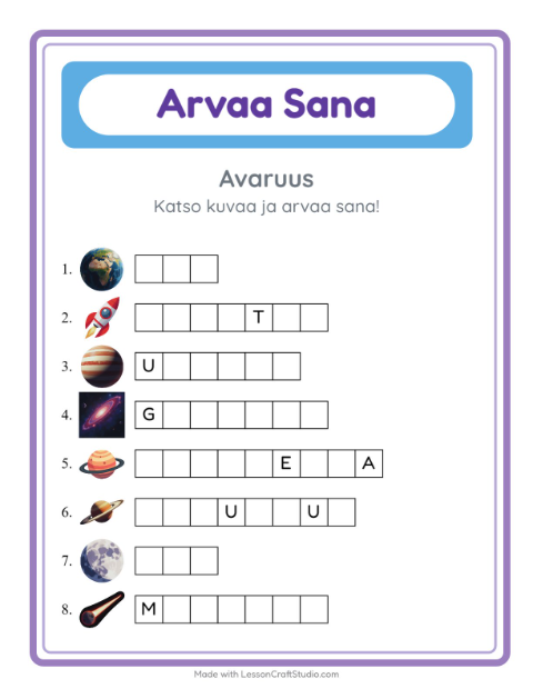 Esikatselu: Arvaa Sana-tehtäväarkki, aiheena Avaruus, Esiopetus