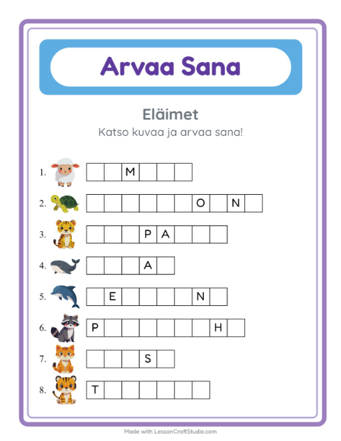 Esikatselu: Arvaa Sana-tehtäväarkki, aiheena Eläimet, Esiopetus