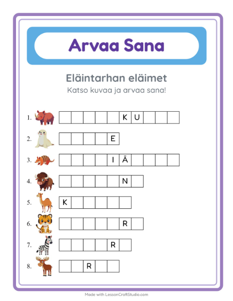 Esikatselu: Arvaa Sana-tehtäväarkki, aiheena Eläintarhan eläimet, Esiopetus