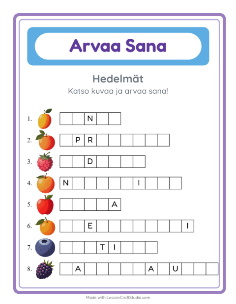 Esikatselu: Arvaa Sana-tehtäväarkki, aiheena Hedelmät, Esiopetus