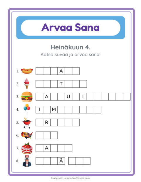 Esikatselu: Arvaa Sana-tehtäväarkki, aiheena Heinäkuun 4., Esiopetus