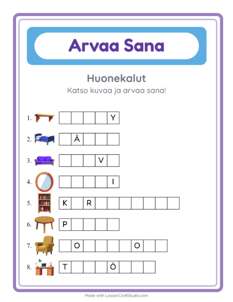 Esikatselu: Arvaa Sana-tehtäväarkki, aiheena Huonekalut, Esiopetus