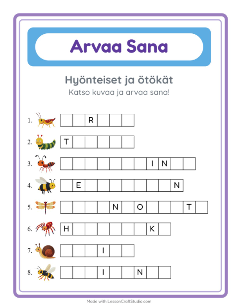 Esikatselu: Arvaa Sana-tehtäväarkki, aiheena Hyönteiset ja ötökät, Esiopetus