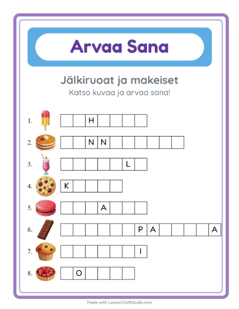 Esikatselu: Arvaa Sana-tehtäväarkki, aiheena Jälkiruoat ja makeiset, Esiopetus