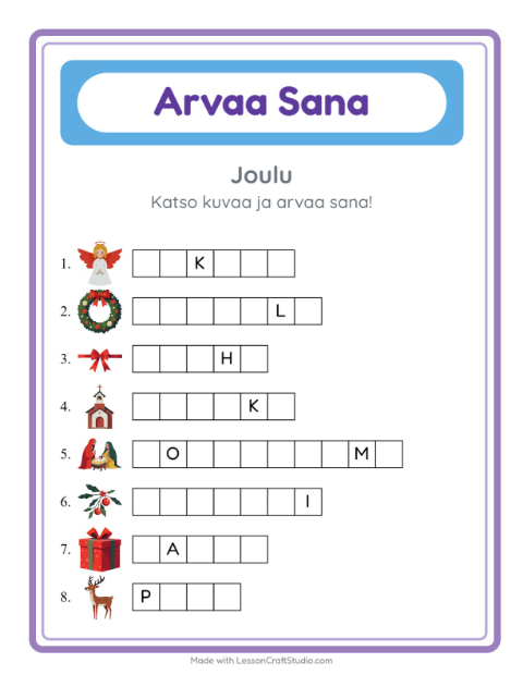 Esikatselu: Arvaa Sana-tehtäväarkki, aiheena Joulu, Esiopetus