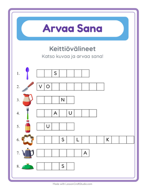 Esikatselu: Arvaa Sana-tehtäväarkki, aiheena Keittiövälineet, Esiopetus