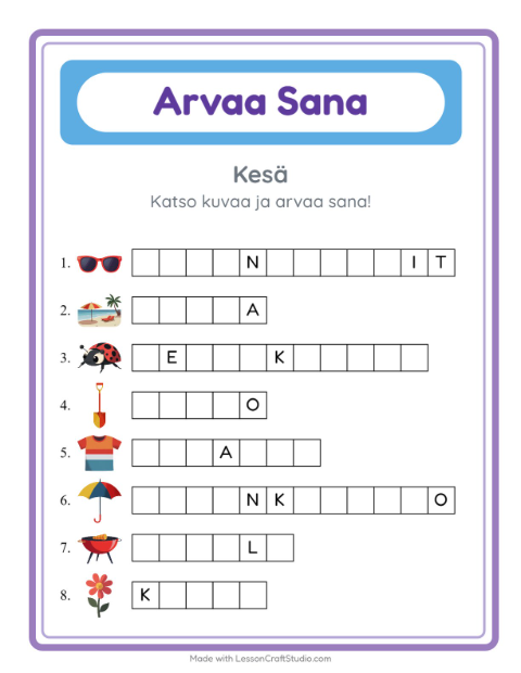 Esikatselu: Arvaa Sana-tehtäväarkki, aiheena Kesä, Esiopetus