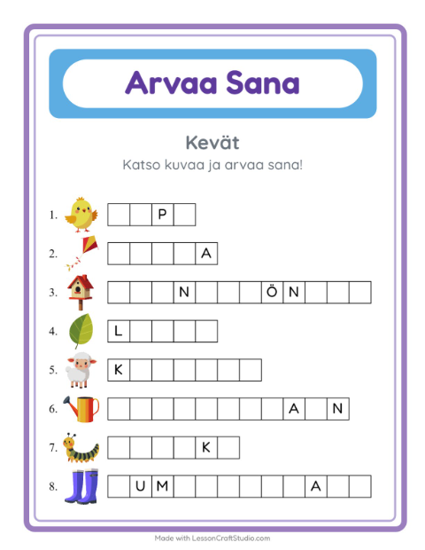 Esikatselu: Arvaa Sana-tehtäväarkki, aiheena Kevät, Esiopetus