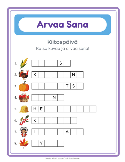 Esikatselu: Arvaa Sana-tehtäväarkki, aiheena Kiitospäivä, Esiopetus