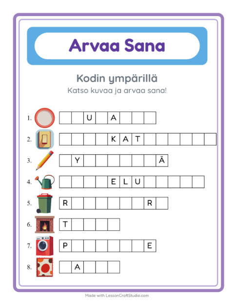 Esikatselu: Arvaa Sana-tehtäväarkki, aiheena Kodin ympärillä, Esiopetus